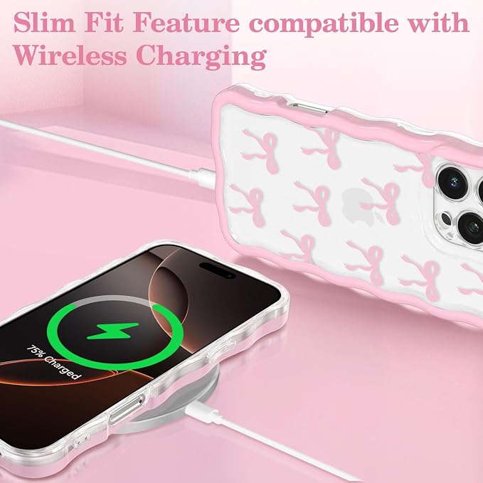 QLTYPRI for iPhone 12 Pro Pink Bow Case, Clear Cute Pink Ribbon Bow Phone Case Curly Wavy Aesthetic Phone Cover, Soft Slim Transparent TPU Shockproof Protective Cover for Women Girls - Ribbon Bow - Image 5