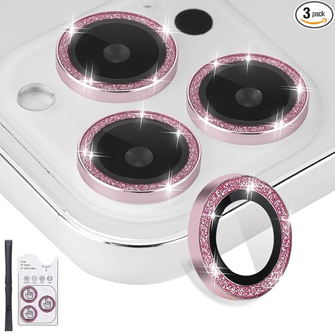 Camera Lens Protector for iPhone 16 Pro/16 Pro Max, Glitter Pink | Tempered Glass, Auto-align Tray, Easy Installation, Case Friendly, Anti-Scratch, HD Clear, Ultra Slim by Rayorcon