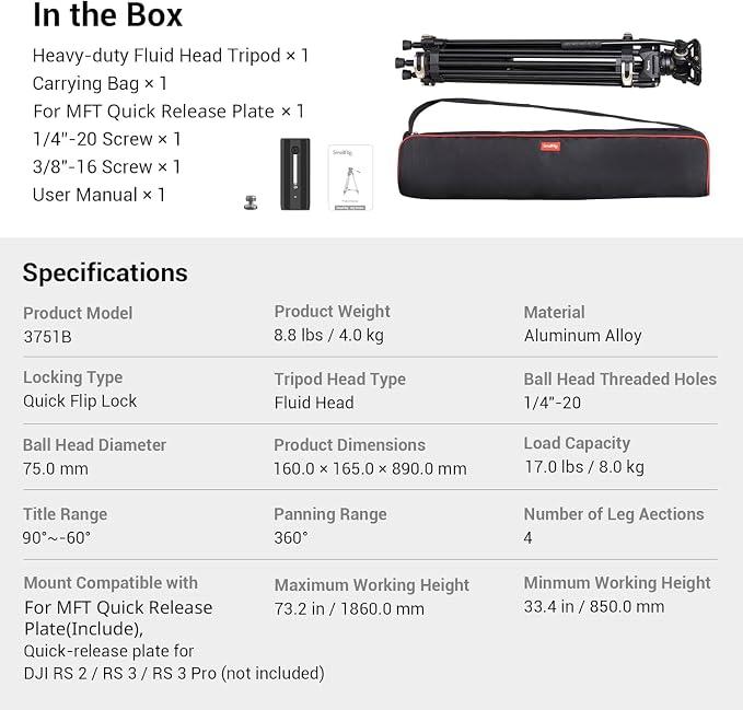 SmallRig AD-01 Video Tripod, 73" Heavy Duty Tripod with 360 Degree Fluid Head and Quick Release Plate for DSLR, Camcorder, Cameras 3751 - Image 8