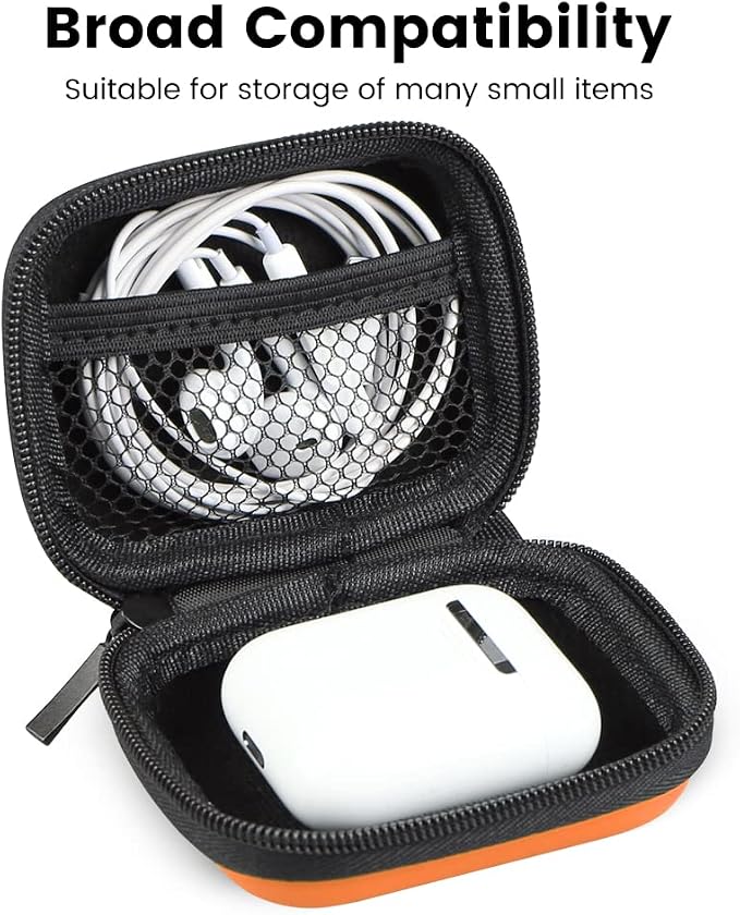 Earbud Case, RISETECH Hard EVA Earphone Travel Case Holder Headphone Small Zipper Pouch Compatible with Flash Drive, SD Cards, USB Charger Cable, AirPods, Sony Wired Earbuds with Keychain -Orange - Image 3