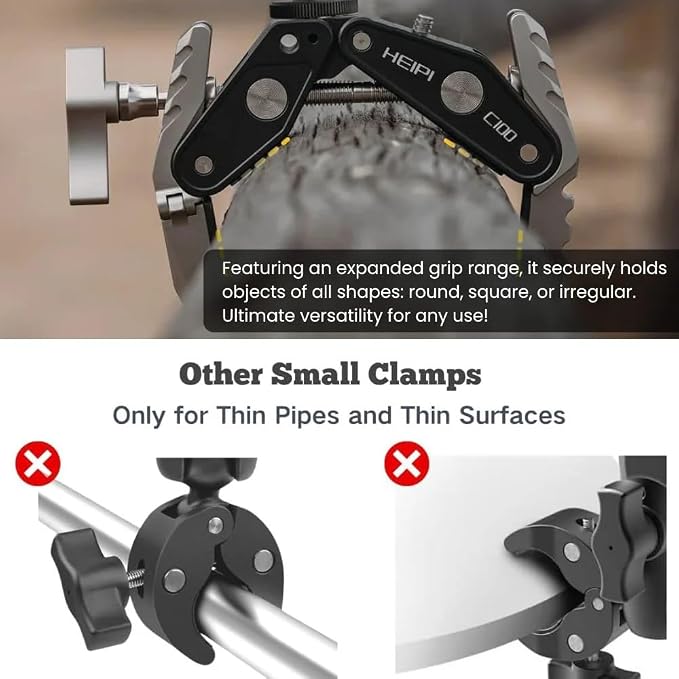 HEIPI C100 Super Clamp & Mini Ball Head & Panning Base, Max Clamping 3.93" | Clamp & stand design. Max clamping 3.93"/10cm. Dual screw mounts: 1/4"-20,3/8"-16. Compatible with phone, action camera, DSLR - Image 2