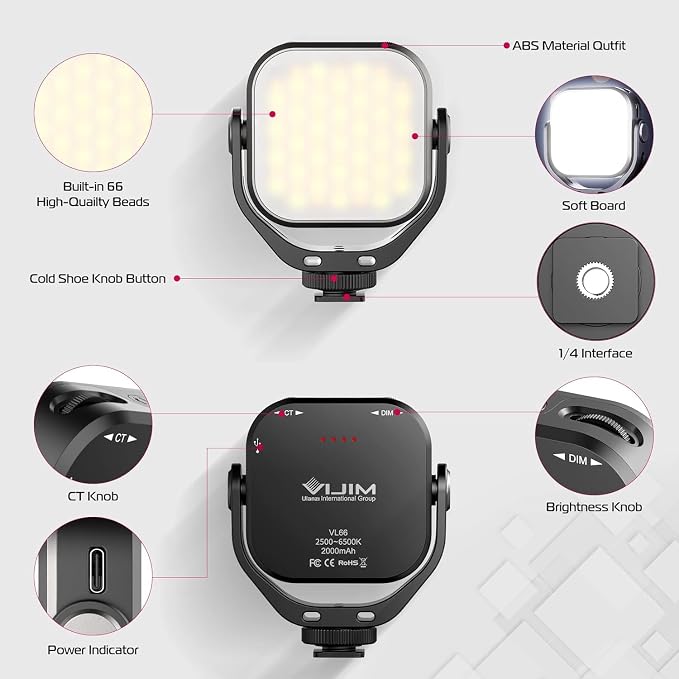 ULANZI VL66 Bi-Color Adjustable Rechargeable 2500-6500K - Mini Video Portable Light on Cam, 2000mAh CRI95+ Dimmable, Ultra Bright Photo & Video Lighting, LED Fill Lamp for DSLR Camcorder Action Camera - Image 4