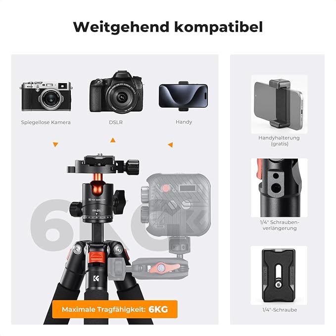 K&F CONCEPT 21.6'' Mini Desk Tripod. | Ball Head, Load up to 13.22 lbs/6 KG, 1/4 inch Quick Shoe Plate, Phone Holder, For DSLR Camera Phone. S225A0+BH-25L - Image 7