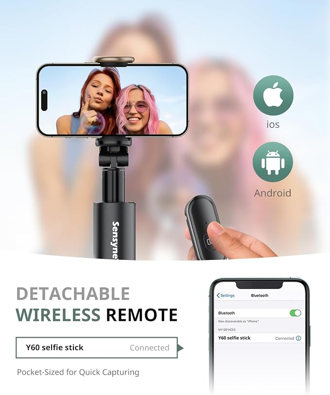 Sensyne 68" Phone Tripod & Selfie Stick, Lightweight All in One Phone Tripod Integrated with Wireless Remote Compatible with All Cell Phones for Selfie/Video Recording/Photo/Live Stream/Vlog（Black） - Image 3