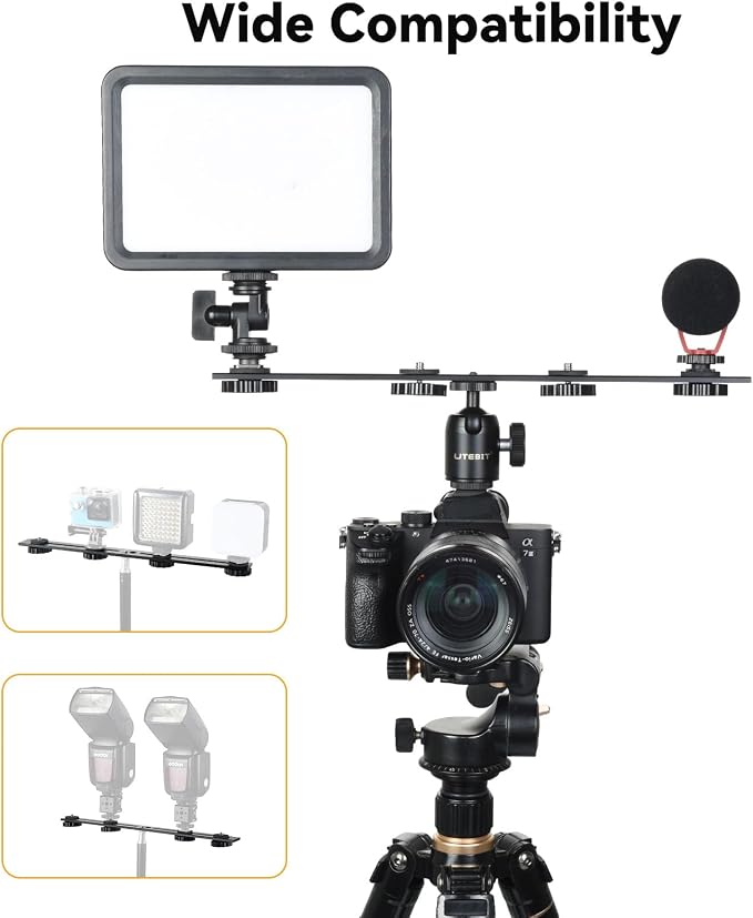 13 inch Flash Bracket, Long Dual Camera Mount with 1/4“ Hot Shoe | Flash Bracket Extension Bar, Straight Flash Brackets 1/4-3/8 Thread Hole Tripod Mount for Camera/LED Light/Microphone - Image 4