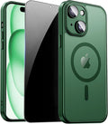 for iPhone 15 Case with Privacy Screen Protector, Green | Full Camera Protection, Translucent Matte Magnetic, Compatible with MagSafe, Shockproof Phone Cover, Slim Fit by ZOZDOKG