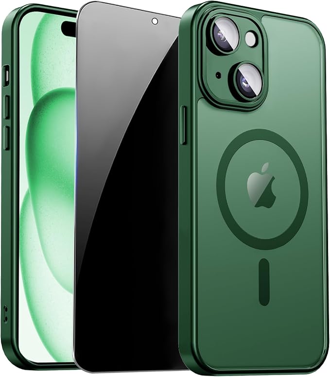 for iPhone 15 Case with Privacy Screen Protector, Green | Full Camera Protection, Translucent Matte Magnetic, Compatible with MagSafe, Shockproof Phone Cover, Slim Fit by ZOZDOKG