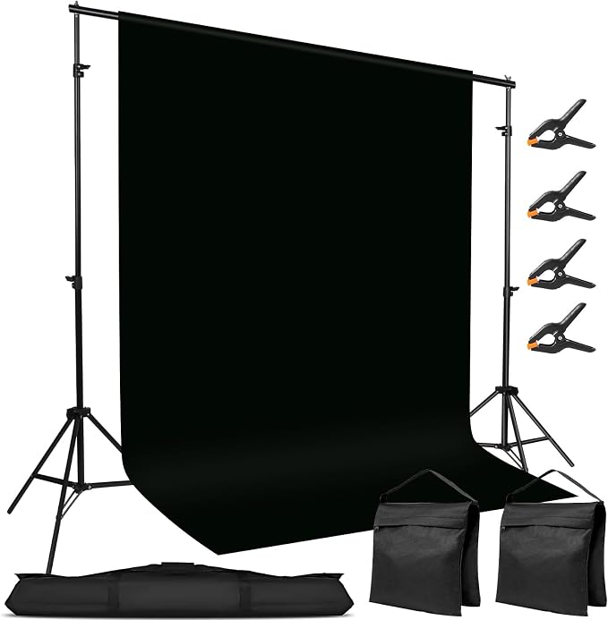 10x7ft Adjustable Photography Backdrop Stand Kit – Photo Studio Background Support with 4 Crossbars, 4 Clamps, 2 Sandbags (with 10 * 7 Feet Black Backdrop Curtain) by Hikpik