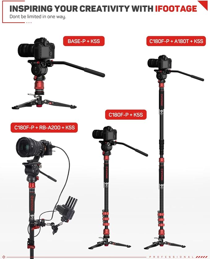 IFOOTAGE Cobra 3 C180F-P + K5S Fluid Head Carbon Fiber Monopod | Monopod with Feet for DSLR Cameras Canon Nikon Sony Olympus Panasonic, Maximum Height 71", Payload 17.64Lbs/8KG - Image 9