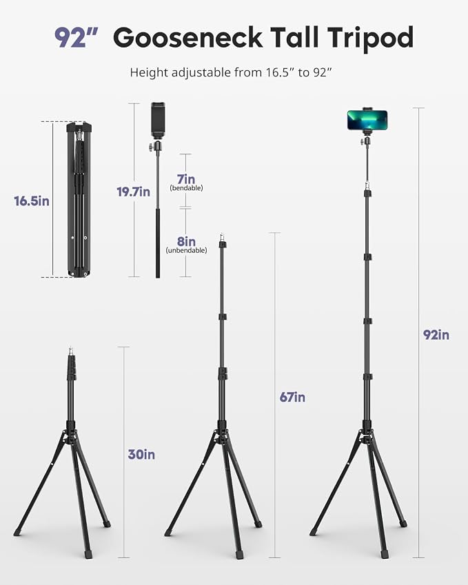 Aureday Phone Tripod, 92" Cell Phone Stand with 15" Gooseneck, Remote and Phone Holder, Overhead & Selfie Stick for Recording/Watching/Vlog, Compatible with iPhone Android - Image 5