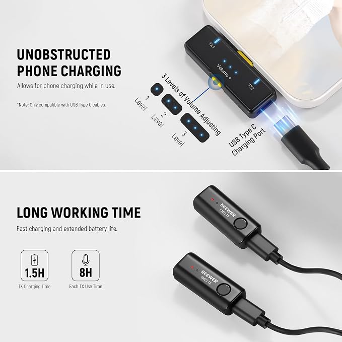 NEEWER Lavalier Wireless Microphone System, 1x USB C Receiver with OTG Adapter & 2X Noise Cancelling Omnidirectional Condenser Transmitter Compatible with iPhone 16 Pro Max S24 Ultra, KM23 - Image 6