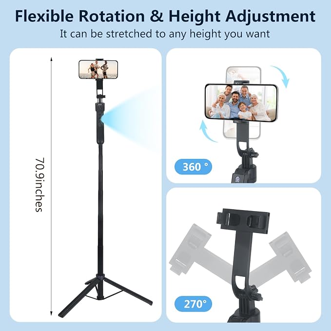 Auto Face Tracking Tripod for iPhone with Light and Remote Control | 360° Rotation Selfie Stick for iPhone/Android, No App, Phone Tripod for TikTok, Live Streaming, Vlogging - Image 4
