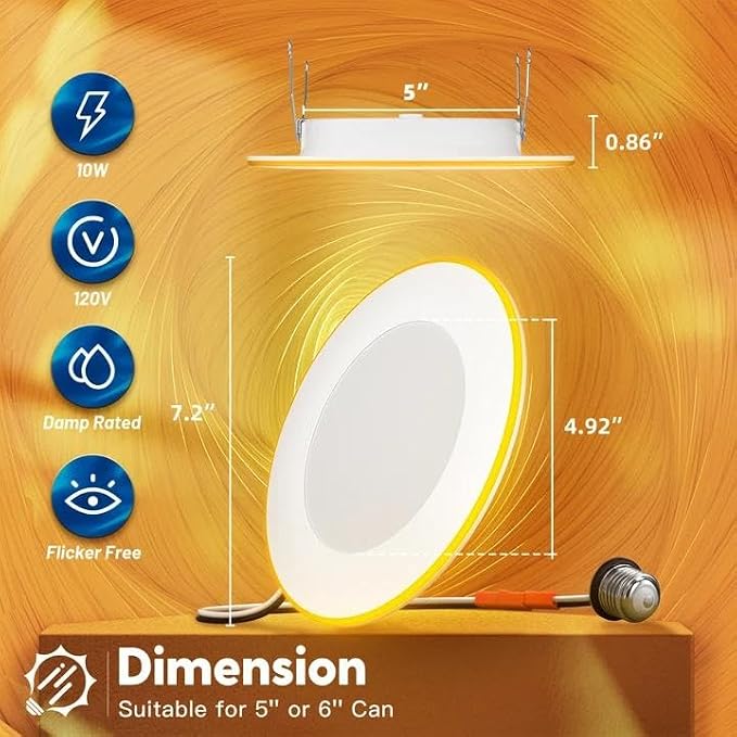 FREELICHT 6 Pack 5/6 Inch 5CCT LED Recessed Lighting with Night Light | 2700K/3000K/4000K/5000K/6000K Selectable,Dimmable Retrofit Flat Can Lights, 1000LM ,10W, IC & Damp Rated, ETL & FCC - Image 7
