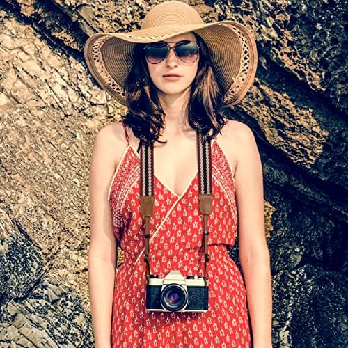 Padwa Lifestyle Stripes Camera Strap - 1.5" Crazy Horse Cowhide Head Soft Cotton Rope Weave Camera Straps for Photographers and All Cameras,Cute Adjustable Vintage Woven Strap for Adults & Kids - Image 3