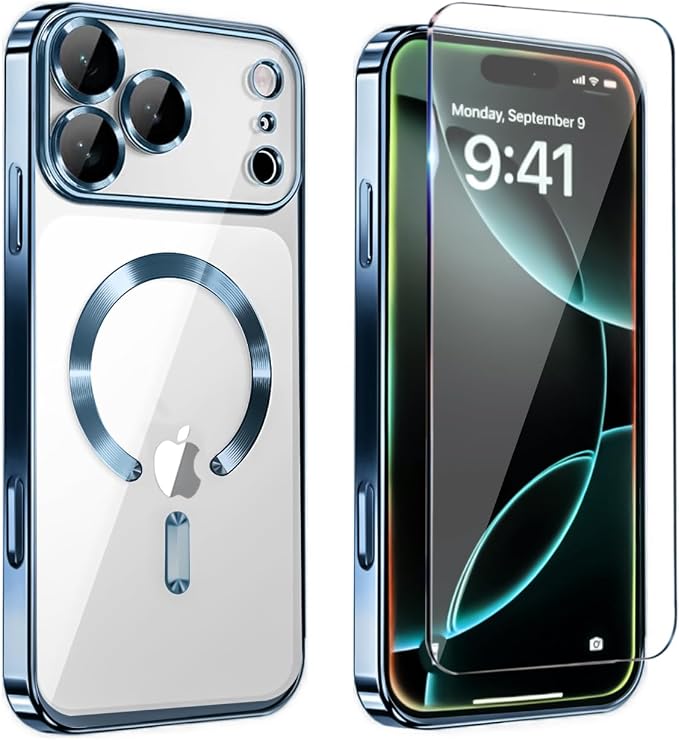 Magnetic Glossy Case for iPhone 17 Pro Max,iPhone 17 ProMax Phone Case Slim Clear Luxury with Screen Protector & Camera Protector [Compatible with MagSafe], Shockproof Cover for iPhone 17 Max-Blue by Unknown