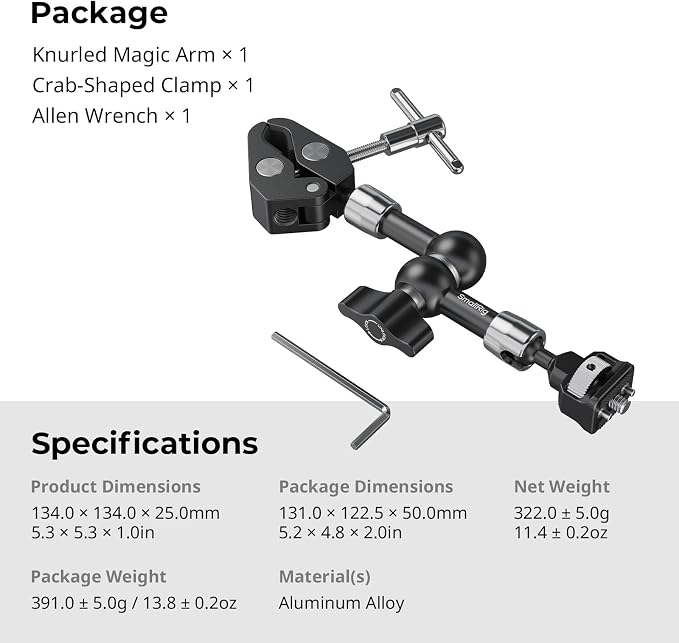 SMALLRIG 7 Inch Magic Arm with Crab-Shaped Clamp, Arm with 1/4"-20 Screw and Retractable Pins, for Action Cameras, Monitors, Video Lights, and Microphones - 5310 - Image 8