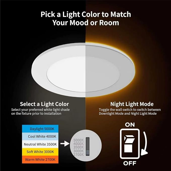 Meconard 6 Pack 4 Inch 5CCT LED Recessed Lighting with Night Light, 2700K/3000K/3500K/4000K/5000K Selectable Ultra-Thin LED Recessed Ceiling Lights, 9W=75W, 750LM, Dimmable Canless Wafer Downlight - Image 2