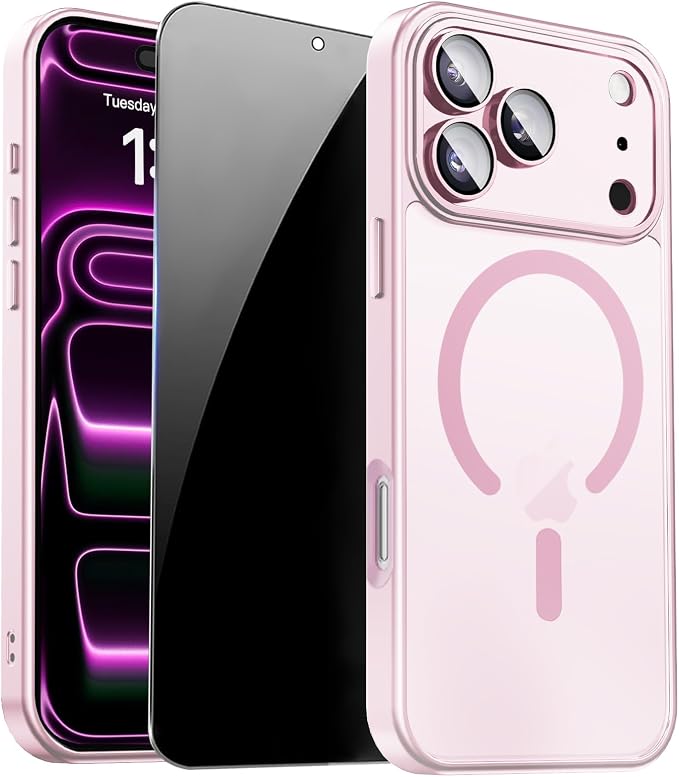 Magnetic for iPhone 17 Pro Case with Privacy Screen Protector, Pink | Full Camera Protection, Compatible with MagSafe, Translucent Matte Shockproof Phone Cover for iPhone 17 Pro Women Girls by ZOZDOKG