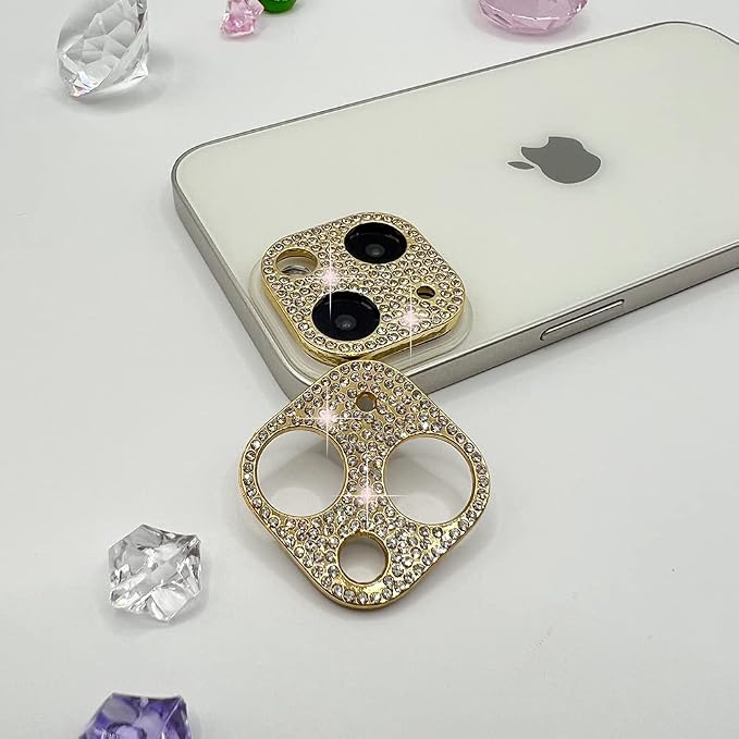 2 Pack Glitter Camera Lens Cover Protector Compatible with iPhone 13 /iPhone 13 Mini Metal Bling Diamond Camera Lens Cover Sticker Protector (Gold) by GSRYPC
