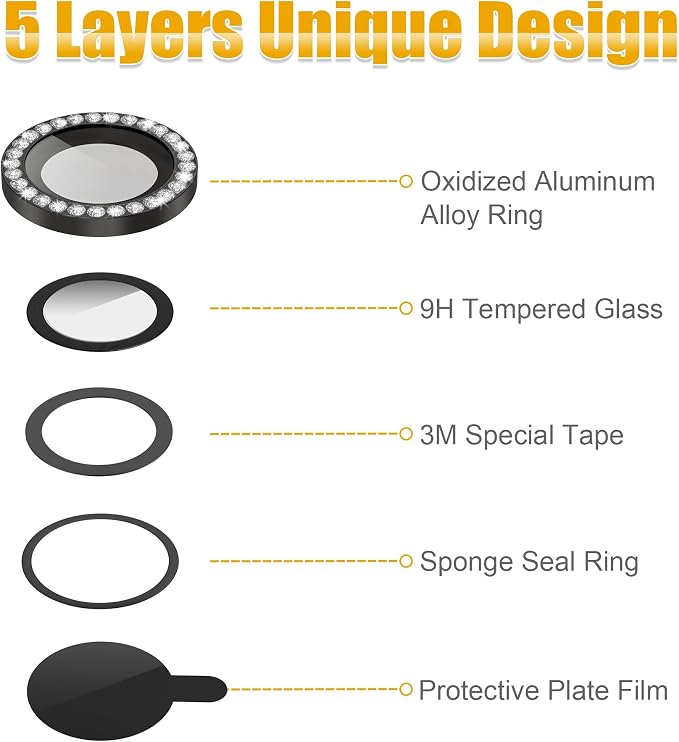 AGVEE 3+3 6 Pack for iPhone 13 Pro & Max Camera Lens Protector Cover | Individual Bling Diamond & Bling Glitter Sparkle Cute Gem Metal Ring, 9H Tempered HD Glass - Image 7