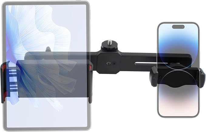Dual Holder Smartphone and Tablet Tripod Mount Adapter, Universal 360° Rotation Adjustable Clip Stand for Vlog Live Streaming Video Recording, Compatible with 1/4'' Screws, Black by Unknown