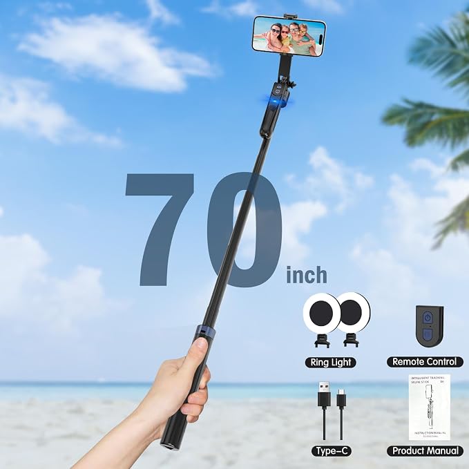 70" Auto Face Tracking Tripod for iPhone,360 Rotation Travel Selfie Stick Stand,Face Tracking Phone Tripod with Light and Remote,Applied to Tiktok YouTube Vlog Video Recording - Image 7