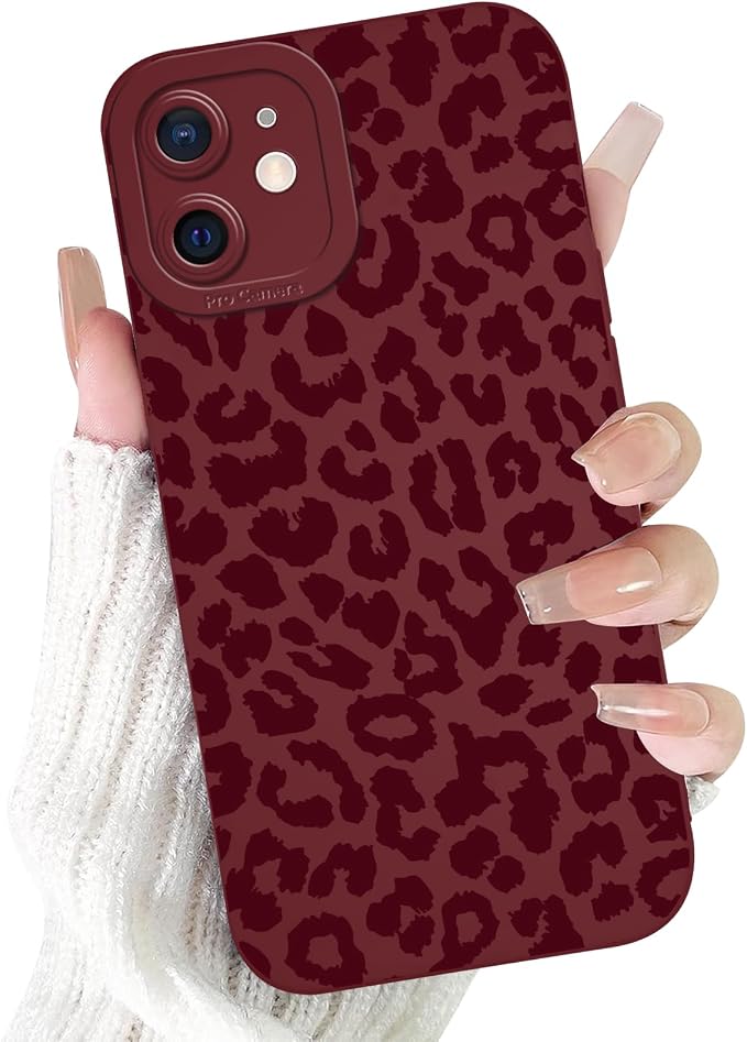 Cute Burgundy Cheetah Print Phone Case for iPhone 12 Mini 5.4" | Aesthetic Leopard Pattern Design Cover Full Camera Lens Protective Shockproof Soft Slim TPU Funda for Women Girls by Unknown