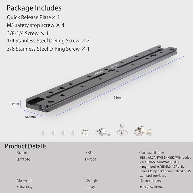 LEFTFOTO 350mm Double Dovetail Slide Rail with Arca Swiss Quick Release Plate,Locating Hole for ARRI,1/4" & 3/8" Threads,Cold Shoe - for DSLR Camera Tripod Ballhead - Image 7