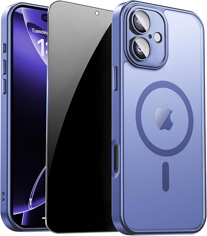 for iPhone 16 Case with Privacy Screen Protector, Light Blue | Full Camera Protection, Matte Translucent, Magnetic, Compatible with MagSafe, Shockproof Phone Cover, Slim Fit by ZOZDOKG