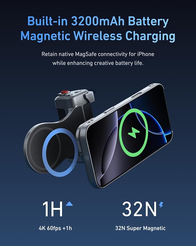 TELESIN Master Grip Universal Wireless Charging for iPhone/MagSafe | Magnetic Phone Camera Grip with C03 Selfie Light Creator Kit Built 3200mAh Battery -【Graphene Case Only For iPhone 17 Pro】 - Image 5