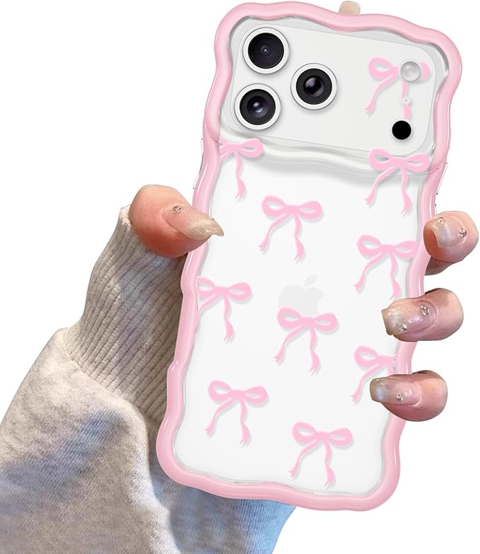QLTYPRI for iPhone 17 Pro Pink Bow Case, Clear Cute Pink Ribbon Bow Phone Case Curly Wavy Aesthetic Phone Cover, Soft Slim Transparent TPU Shockproof Protective Cover for Women Girls - Ribbon Bow - Image 7