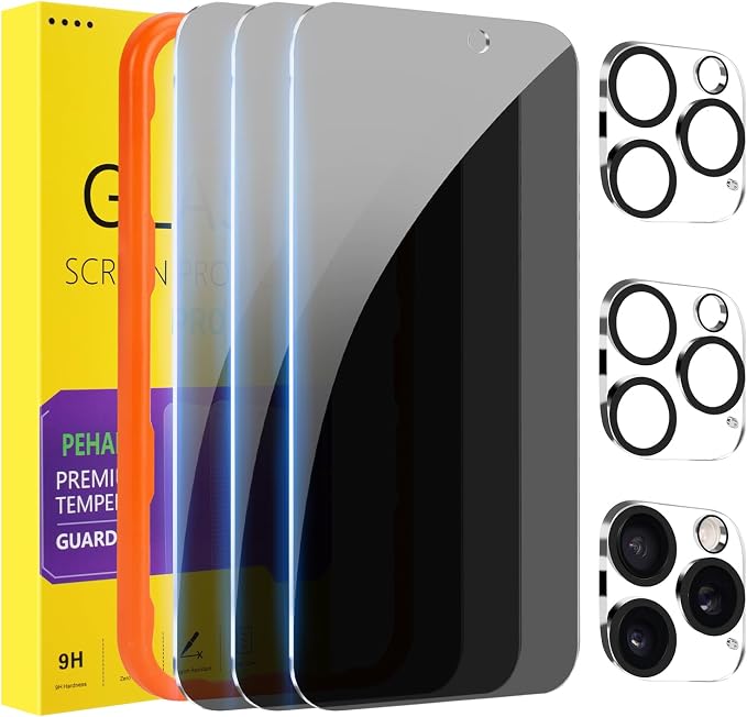 PEHAEL for iPhone 16 Pro Privacy Screen Protector+Camera Lens Protector | 3+3 Pack, Installation Frame, Cleaning kits, Anti-Spy Private, Anti-Scratch, 9H Tempered Glass, Case Friendly, [6.3 inch] by PEHAEL