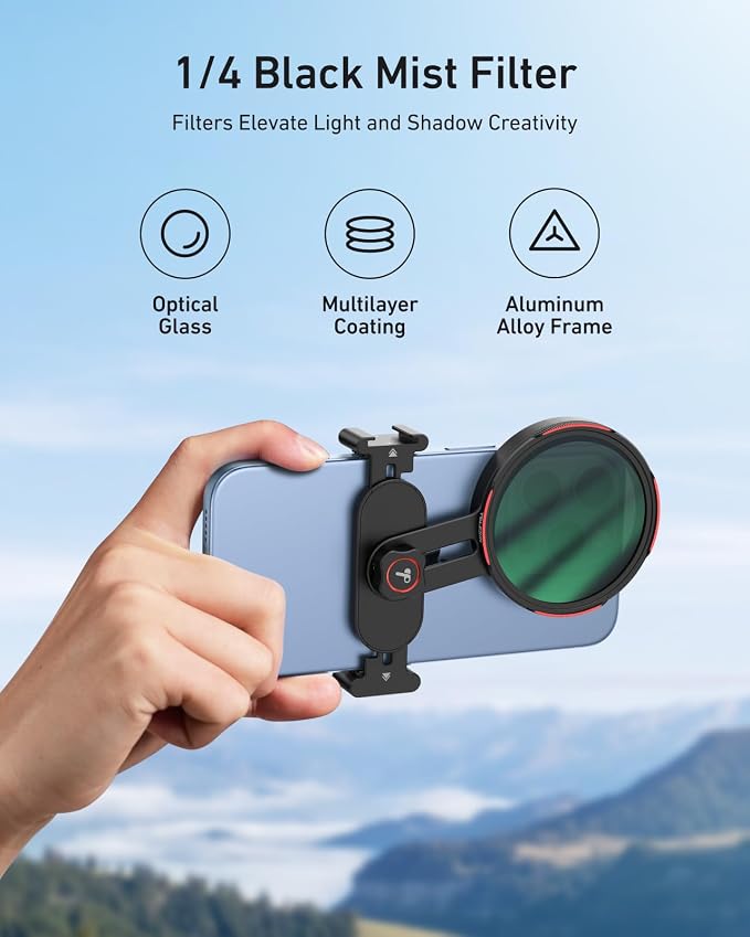 TELESIN 67mm 1/4 Black Mist Filter, DSLR Camera Lens, Multi-Layer Nano-Coated Glass, AR&AF Coating, Soft Highlights, Cinematic Look, Water & Fingerprint Protection, for Smartphone Mounts - Image 2