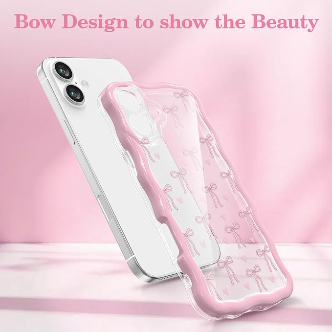 QLTYPRI for iPhone 16 Pink Bow Case, Clear Cute Pink Ribbon Bow Phone Case Curly Wavy Aesthetic Phone Cover, Soft Slim Transparent TPU Shockproof Protective Cover for Women Girls - Love Bow - Image 2