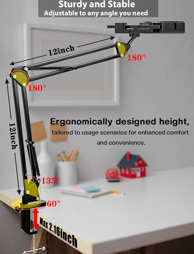 Overhead Phone Mount with LED Light, Articulating Arm Cell Phone Holder | Selfie Light with Adjustable Brightness, Flexible Phone Stand for Live Streaming, Video Recording, Cooking and Painting - Image 6