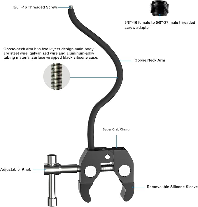Mippko Gooseneck Microphone Stand,19.69" Flexible Adjustable Arm Super Crab Clamp Mic Clip 3/8"-16 to 5/8"-27 Adapter Mount,Compatible with Shure/Fifine / AT2020 / Pyle/Blue Snowball/Razer - Image 4