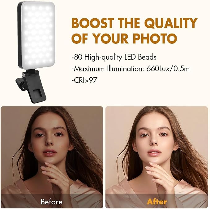 Selfie Light for iPhone,Portable Phone Clip on Light,Rechargeable LED Ring Light for Phone,Video Recording,Camera,Laptop,TikTok,Tablet,Vlog,Computer,5 Lighting Modes,80 LED High Power - Image 3