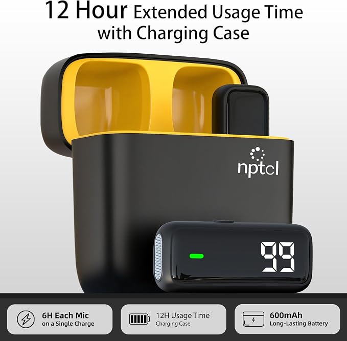 NPTCL Wireless Clip on Microphone for iPhone iPad Android, Type USB C Mics | Digital Battery Indicator Light, Noise Cancellation, 12 Hour Charging Case, 70Ft Recording for Youtube Tiktok Podcast, 1 Pack - Image 4