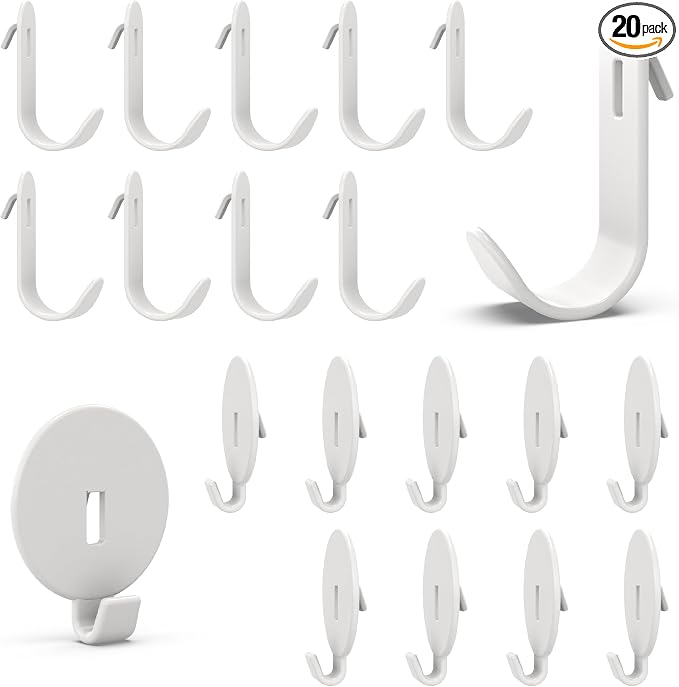 HUHOLE 20PC White Pegboard Clip Hooks for Thin Metal 1/4 Inch Pegboard | Picture Hangers with 10 lb Capacity, 10 Round and 10 Angled Peg Hooks for Jewelry, Crafts and Small Accessories by HUHOLE