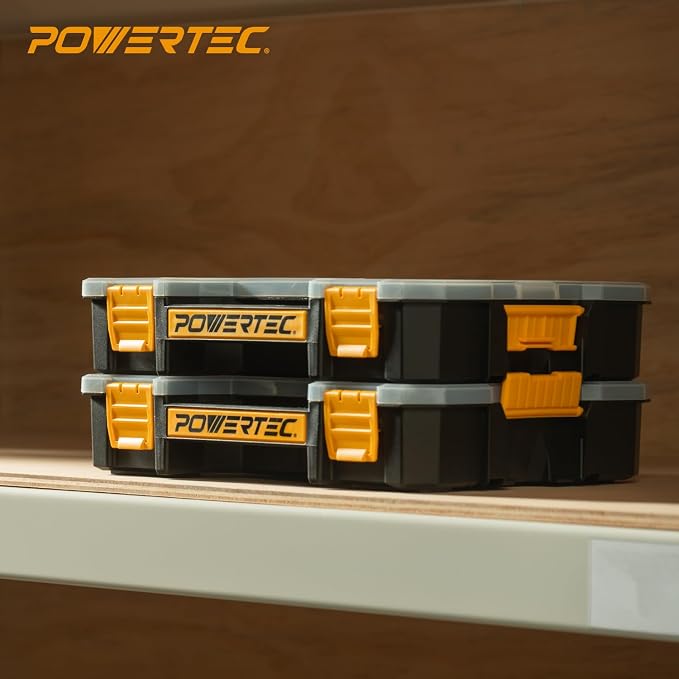 POWERTEC Small Parts Organizer & Tool Box – 14 Compartments, Stackable Storage with Interlocking Latch, Removable Dividers, Clear Lid, Portable Design, 2-Pack (72364-P2) - Image 7