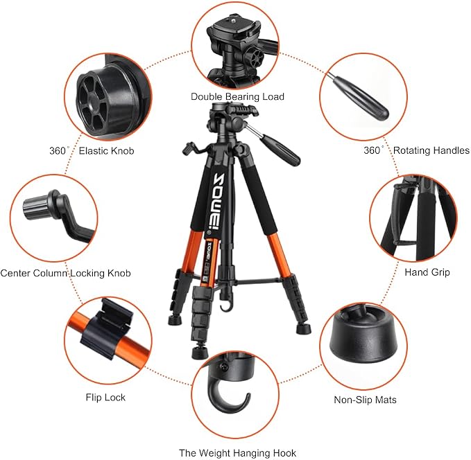 Tripod Camera Tripods, 74" Heavy Duty Tall Camera Stand Tripod with Phone Holder, Compatible with DSLR Cameras,Cell Phones,Projector,Webcam,Spotting Scopes(Orange) - Image 3