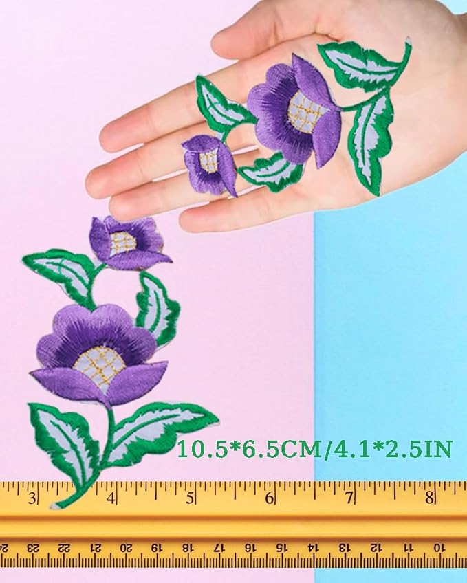 5 Pairs Floral Iron on Applique Flower with Green Vine Embroidered Patch for Collar Dress Accent Shoes Jeans Sewing Accessories Embellishment (Multi) - Image 2