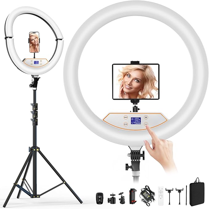 18" Ring Light with Stand: Touch Screen LED Display & 60" Tall Tripod, | 3 Color modes 6500K / 2 USB Ports Foldable LED Big Ring Light Tripod for Live Stream,YouTube,TikTok Video Shooting by Auriani
