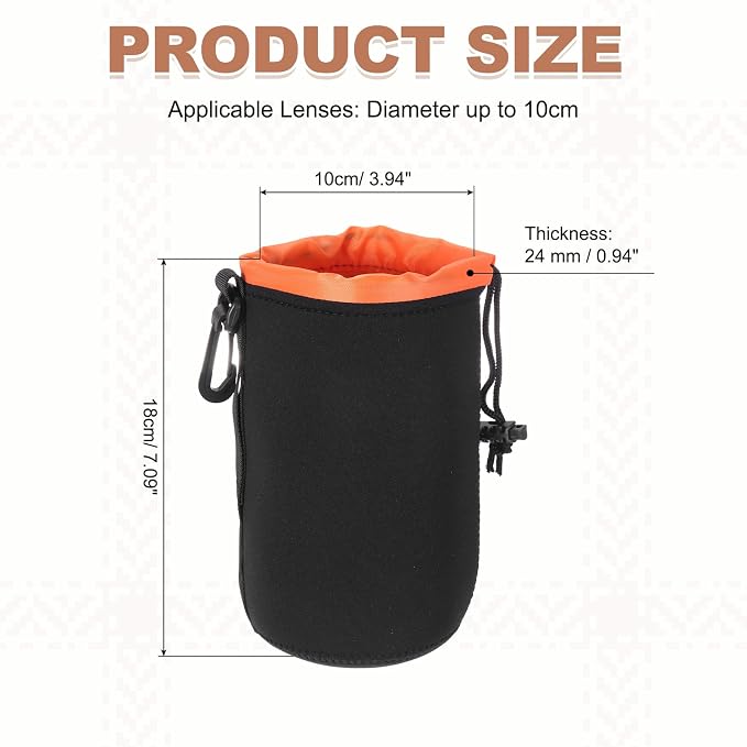 PATIKIL Camera Lens Pouch, 4" ID x 7" H Drawstring Plush Lens Pouch Protective Camera Lens Case Bag Soft Plush Neoprene Bag for DSLR Photography Gear, Black/Orange - Image 2