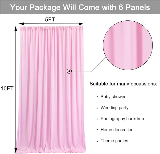 30ft x 10ft Wrinkle Free Pink Backdrop Curtains, 6 Panels 5x10ft Polyester Photo Backdrop Drapes for Wedding Birthday Photography Background Baby Shower - Image 6