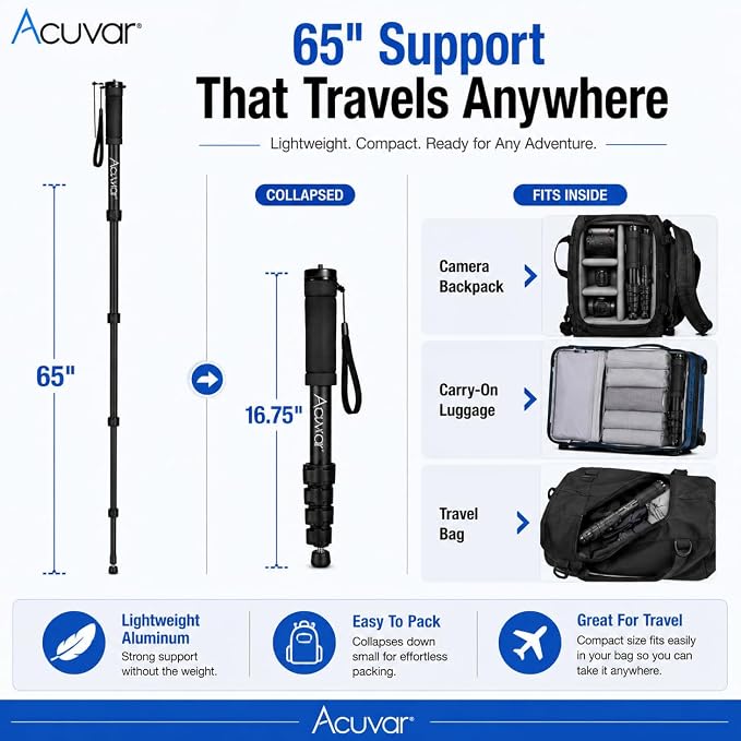Acuvar 65 Inch Camera Monopod – Lightweight 4-Section Aluminum Monopod with Safety Strap for DSLR & Mirrorless Cameras - Image 5