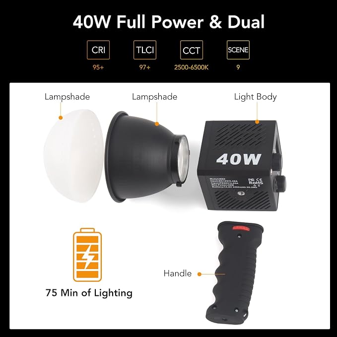 M60 Handle LED Video Light with Soft Box Protable Mini COB LED Bi-Color 2500-8500K CRI≥95 TLCI≥97 Built-in 3400mAh Battery Photo Studio Lights Vlog Shoot Fill Lighting 8 Scenes (M60 Handle lamp) - Image 4