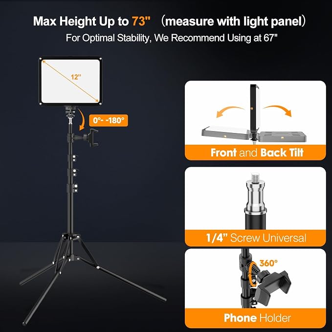 EMART 2-Pack LED Video Light Kit with Phone Holder & Barndoor | 2800-7000K Dimmable Studio Lights, 73'' Streaming Light for Video Recording, YouTube, Vlog, Photography, Content, Podcast - Image 7