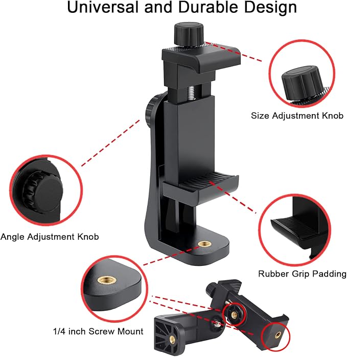 Cell Phone Tripod Mount Adapter, Universal Phone Holder Adjustable Clamp, 360 Degree Rotatable Bracket 1/4" Screw Clip for iPhone, Samsumg, Selfie Stick, Monopod (Black-1 Pack) - Image 4