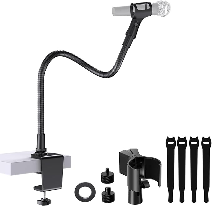 19 Inch Gooseneck Microphone Holder for Podium, 【Heavy-Duty】 2.5 lb Max | Thickened Aluminum Flexible Gooseneck, 2 Mic Holders, 1/4" and 3/8" Adapters, Desk Clamp, Ideal for Gaming, Podcast by Borenbuir